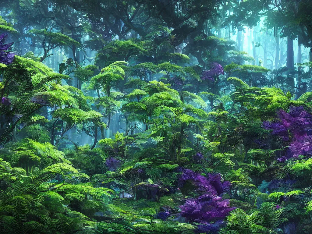 Prompt: a beautiful otherworldly fantasy landscape of dense lush ferns and evergreen trees in hyper detail like the pacific northwest, vivid glowing colors, extreme detail, studio ghibli and pixar and abzu, rendering, cryengine, deep colors, purple and blue and green colors, vray render, cgsociety