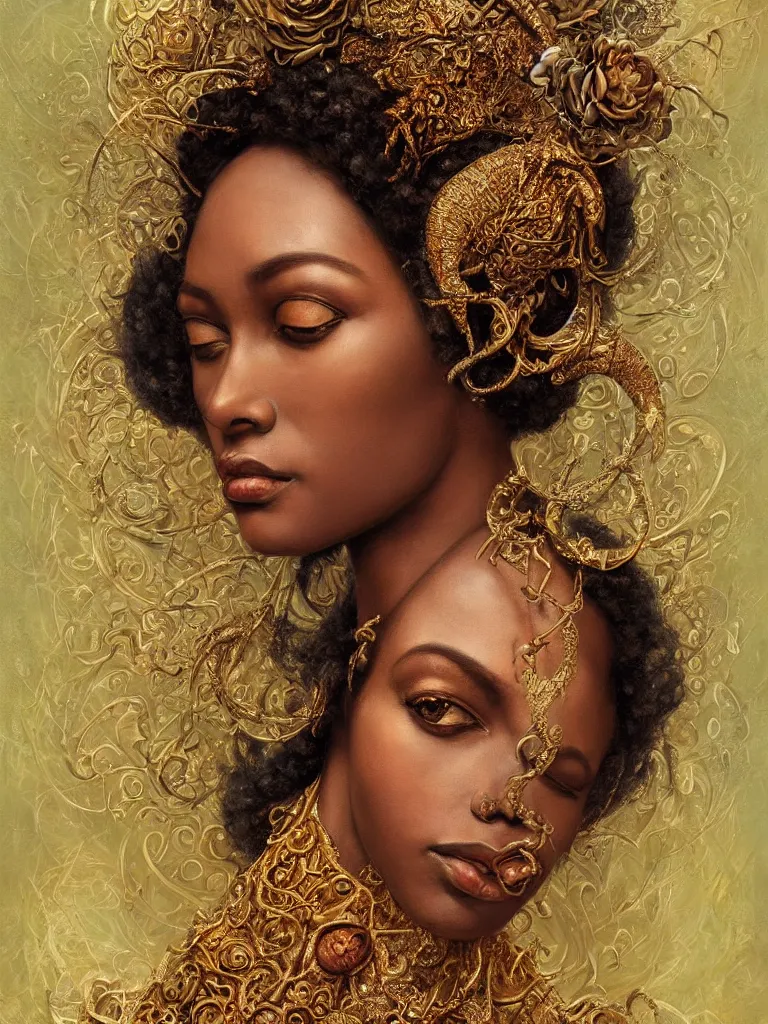 Image similar to Queen, African woman, flowers, dark pastel color scheme, jugendstil background, gold filigree, by karol bak, by emil melmoth, by Daniel Gerhartz, intricate, highly detailed, digital painting, artstation, concept art, smooth, sharp focus, illustration