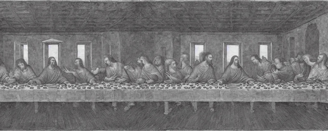 Image similar to the last supper, in brutalist style