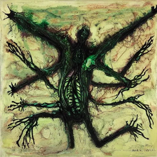 Image similar to a black and green biomechanical talisman of suffering, rotting, fungus, wings by maggi mcdonald, jackson pollock, mark rothko, sabina klein