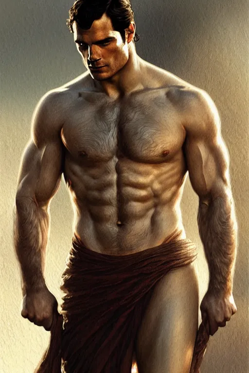 Image similar to Henry Cavill as a Greek god, gorgeous, amazing, muscular, fit, very muscular male body, intricate, highly detailed, digital painting, artstation, concept art, sharp focus, illustration, art by greg rutkowski and alphonse mucha