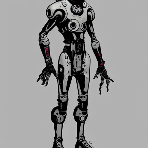 Image similar to character concept art, stylized proportions, human space suit, sci - fi!!!!, large shoulders, thin long legs, in the style of mike mignola, trending on artstation