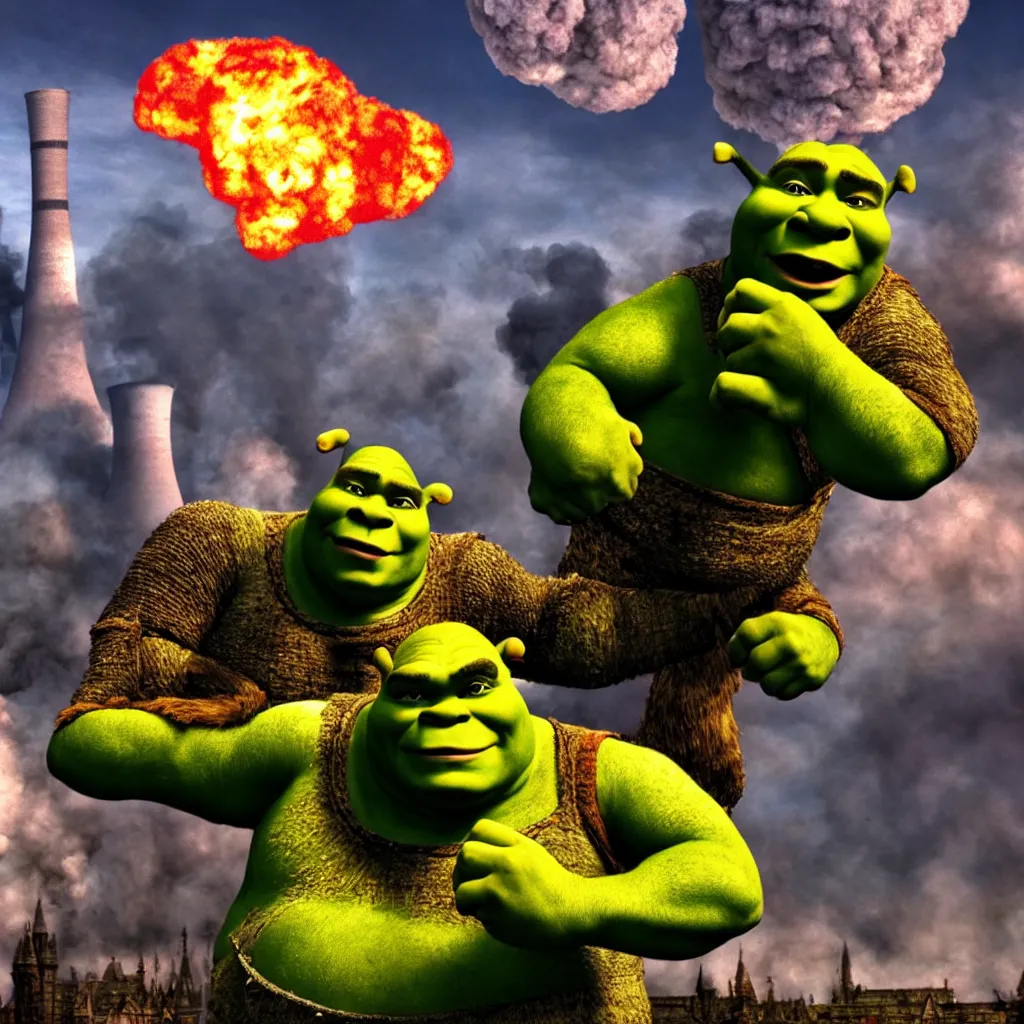 Prompt: shrek punching nuclear chimneys, destruction, chaos, 4 k, realistic, professional photography