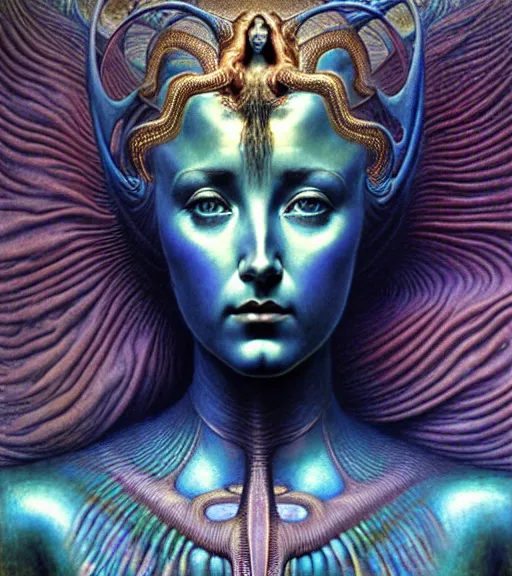 Prompt: detailed realistic iridescent beautiful young cher cyber alien fractal queen of mars portrait by jean delville, gustave dore and marco mazzoni, art nouveau, symbolist, visionary, baroque. horizontal symmetry by zdzisław beksinski, iris van herpen, raymond swanland and alphonse mucha. highly detailed, hyper - real, beautiful