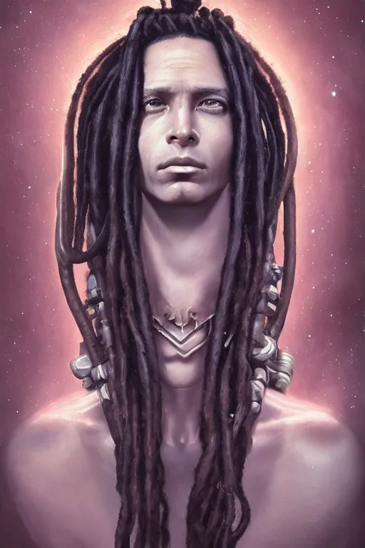 Image similar to portrait of an alien king with dreads snake hair, straight on portrait, by artgerm, tom bagshaw, gerald brom, vaporwave colors, lo fi colors, vaporwave, lo fi, 2 point studio lighting, dramatic lighting, 4 k, hd,