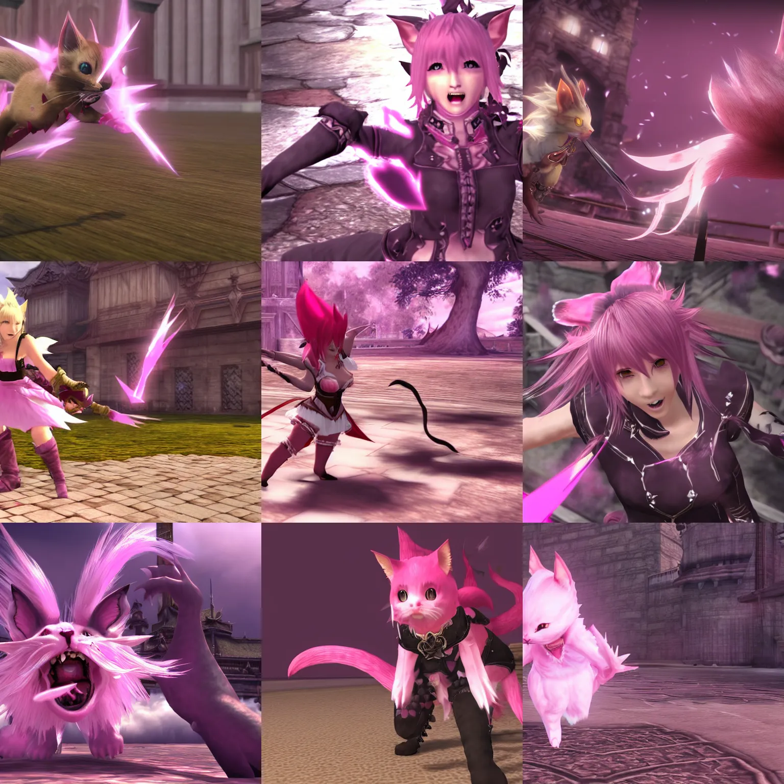 Prompt: a screenshot of a pink Miqo'te hissing, Final Fantasy XIV, 3d, rendering, Final Fantasy 14, FFXIV, FF14