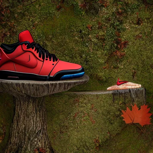 Image similar to a dirty nike air jordan sitting on a tree stump covered in mushrooms and forest foliage, 3 d model, octane render, hyper detailed, 4 k,