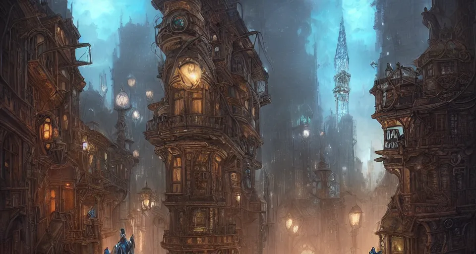 Image similar to landscape painting of fantasy metal steampunk city that has a light blue glow with walkways and lit windows and you can very clearly see a fine detailed hooded thief in browns leathers climbing one of the tall buildings using a rope, fine details, magali villeneuve, artgerm, rutkowski