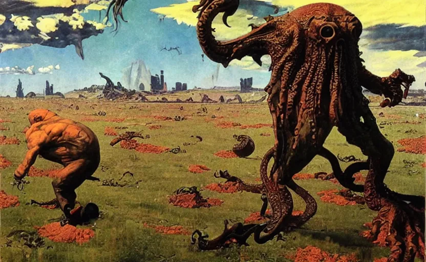 Image similar to cthulhu devouring farmland. highly detailed science fiction painting by norman rockwell, frank frazetta, and syd mead. rich colors, high contrast, gloomy atmosphere, dark background. trending on artstation