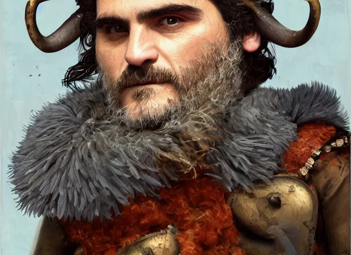 Image similar to digital painting of joaquin phoenix wearing armor made of animals, cow horns, pig nose, sheep wool, chicken feather armor, majestic, by anna podedworna and miklos ligeti, diego maricato, taran fiddler, antonino truisi, chris reddie, jinsung lim, on artstation