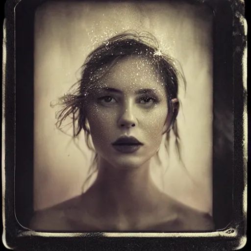 Prompt: fuji film, wetplate, motion blur, realistic character portrait photo of a beautiful woman, muted colours, by britt marling, glitter