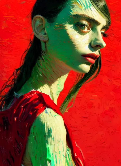 Image similar to close up portrait of yael shelbia, sensual, ecstatic, shades green and red, beautiful face, rule of thirds, intricate outfit, spotlight, by greg rutkowski, by jeremy mann, by francoise nielly, by van gogh, digital painting