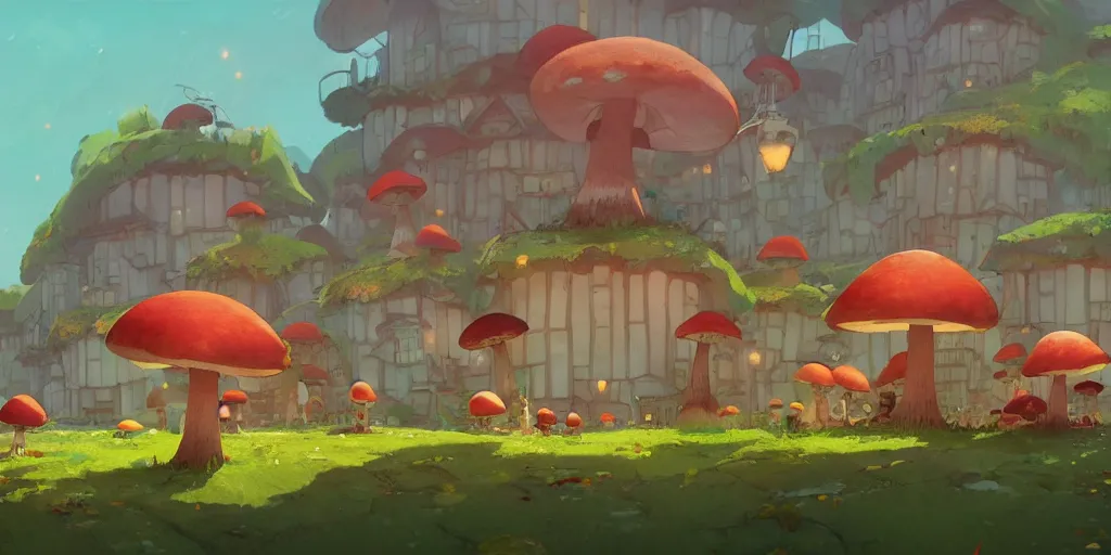 Prompt: mushroom houses in mushroom village by cory loftis & akihiko yoshida & james gilleard & atey ghailan & makoto shinkai & goro fujita & studio ghibli, rim light, exquisite lighting, clear focus, very coherent, plain background, soft painting, photorealistic, unreal engine 5, 4 k