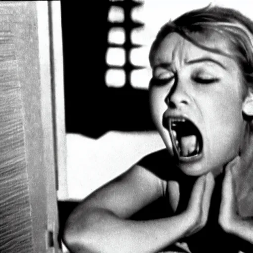 Image similar to movie still of psycho ( 1 9 6 0 ), psycho ( 1 9 6 0 ) screaming girl scene, cinematic composition, cinematic light