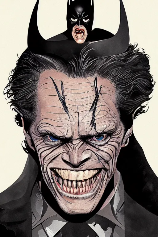 Prompt: willem dafoe in batman returns, full body, big two toned eyes, teeth gritted, horror, intricate details, cinematic, epic, realistic, anatomy, tomer hanuka, uplight, artstation, photorealistic, scary