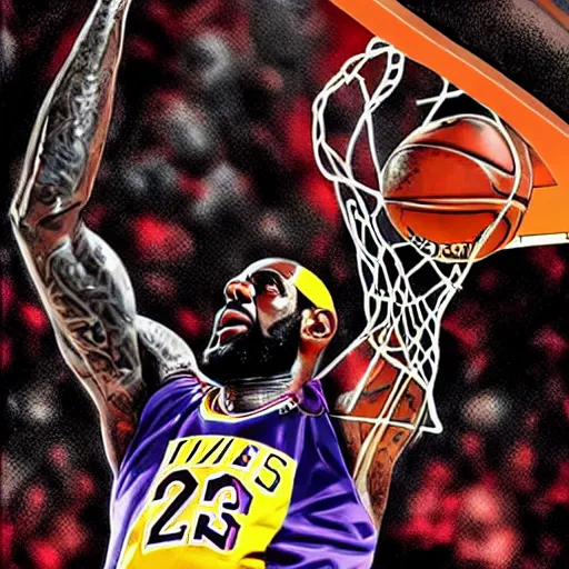 Prompt: a sports center sports action shot poster of lebron james dunking a basketball during a game, professional photography, cool poster design, photoshopped, epic, trending on artstation