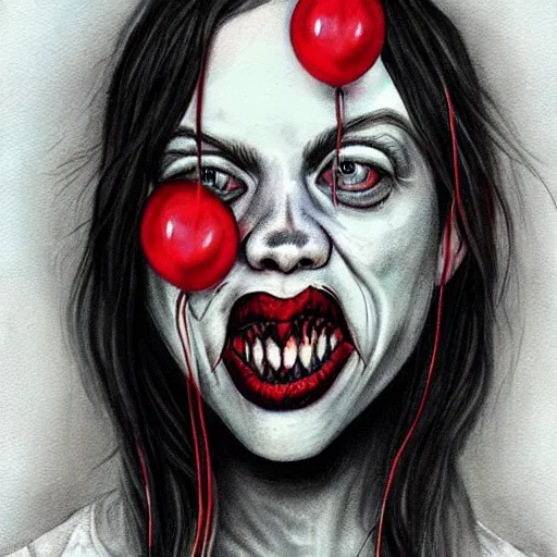 Image similar to grunge painting of billie eilish with her face split down the middle with a wide smile and a red balloon by chris leib, loony toons style, pennywise style, corpse bride style, horror theme, detailed, elegant, intricate