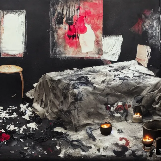 Image similar to bedroom with black walls and a futon, sensual portrait of a woman sleeping, cracked handmade pottery vase, torn paper smouldering smoke, candles, white flowers on the floor, puddle of water, octopus, squashed berries, neo - expressionism, surrealism, acrylic and spray paint and oilstick on canvas