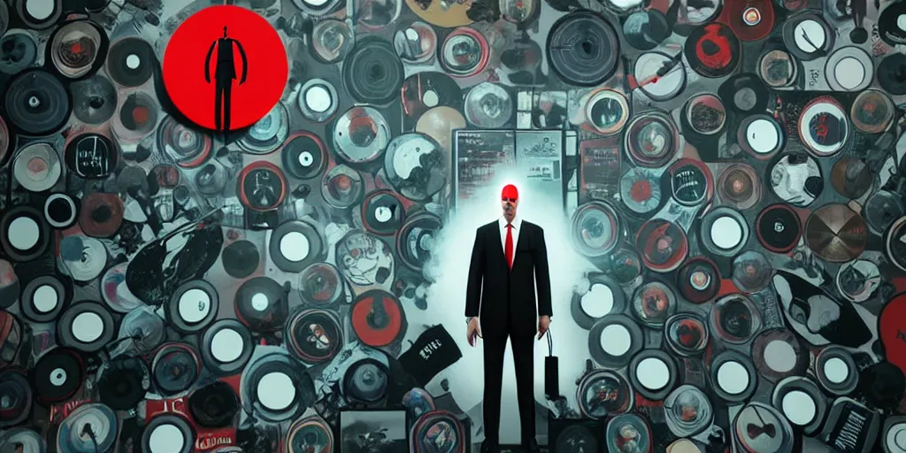 Image similar to a portrait of agent 4 7 from hitman wearing headphones in front of a wall of vinyl records, head being lit by red rim light, digital art, artstation, art by giger stalenhag