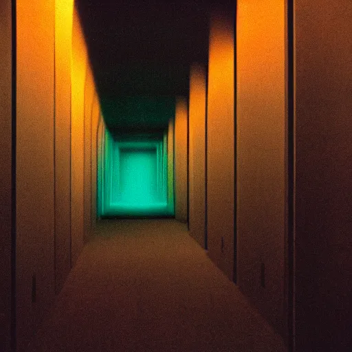 Image similar to noisy color photograph of a retrofuturist liminal space, dark pit, minimalist, cinematic, soft vintage glow