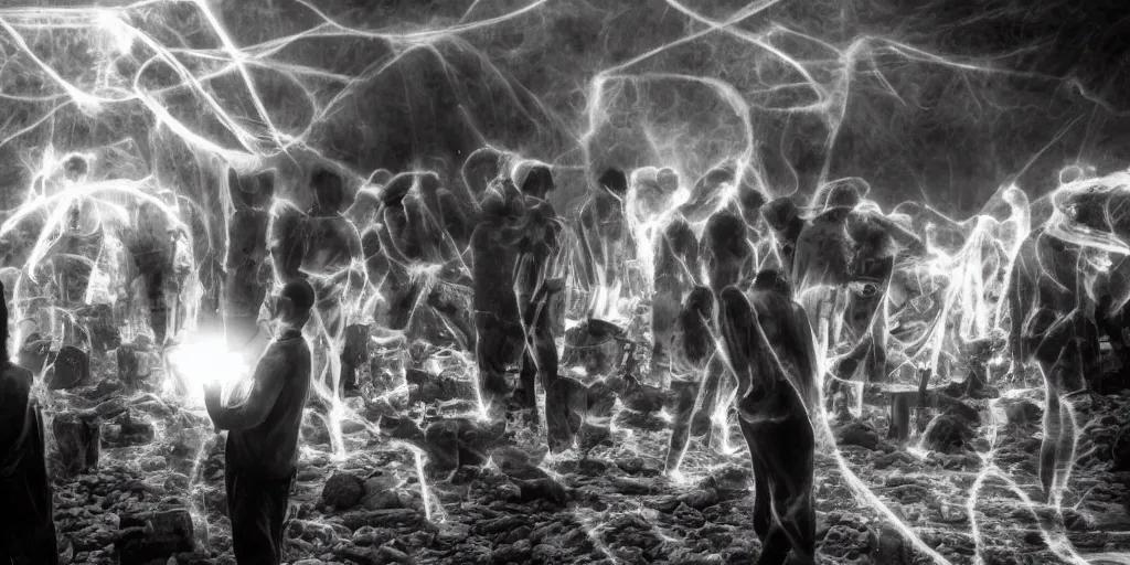 Prompt: love, groups of people in thermal imaging, from behind, rebirth, wide angle, cinematic atmosphere, elaborate, highly detailed, dramatic lighting