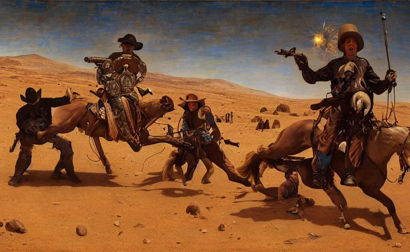 Image similar to a cowboy shootout on mars by edgar maxence and caravaggio and michael whelan and delacroix style, artistic, intricate painting, cinematic lighting, hyper realistic, extremely detailed, establishing shot, 8 k resolution, dramatic lighting