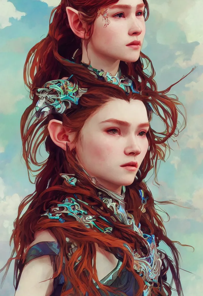 Prompt: beautiful portrait of aloy from horizon zero dawn, long red hair and pale skin, elf, trending on artstation, bright colors, by wlop, by kan liu, by alphonse mucha, by geoffrey chan, art nouveau
