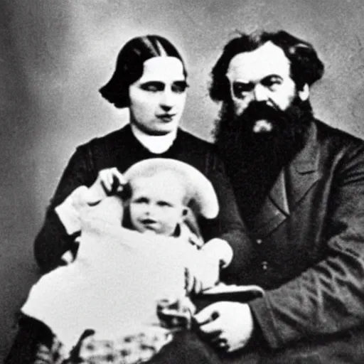 Image similar to Karl Marx and Ayn Rand holding baby, photo, 1920, hospital backround