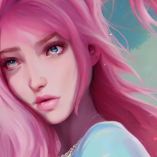 Prompt: teen girl, pink hair, gorgeous, amazing, elegant, intricate, highly detailed, beach setting, digital painting, artstation, concept art, sharp focus, illustration, art by Ross tran