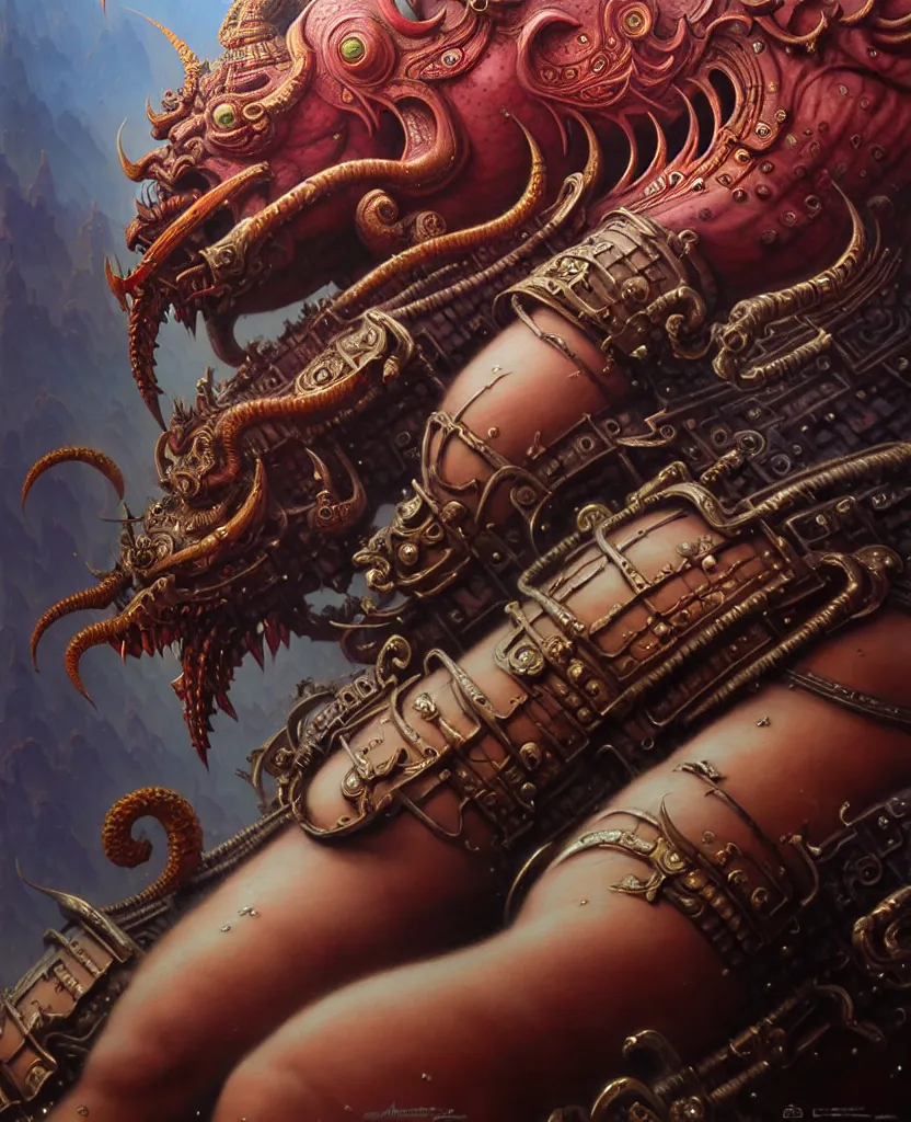 Image similar to beautiful ferocious brutal ravana fantasy character portrait, close - up, headshot, ultra realistic, intricate details, the fifth element artifacts, highly detailed by peter mohrbacher, hajime sorayama, wayne barlowe, boris vallejo, aaron horkey, gaston bussiere, craig mullins