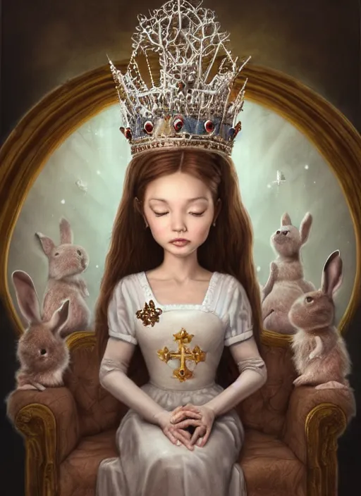 Image similar to highly detailed closeup portrait of a nurse princess wearing a crown and sitting on an ice throne surrounded by bunnies, nicoletta ceccoli, mark ryden, lostfish, earl nore, hyung tae, frank frazetta, global illumination, god rays, detailed and intricate environment