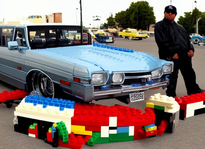 Prompt: nwa in front of a lowrider made by lego