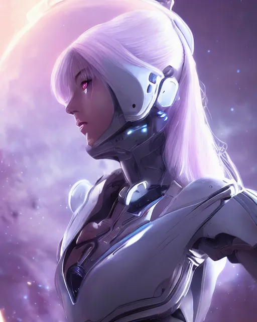 Image similar to perfect android girl on a mothership, warframe armor, beautiful face, scifi, futuristic, galaxy, nebula, raytracing, dreamy, long white hair, blue cyborg eyes, sharp focus, cinematic lighting, highly detailed, artstation, divine, by gauthier leblanc, kazuya takahashi, huifeng huang