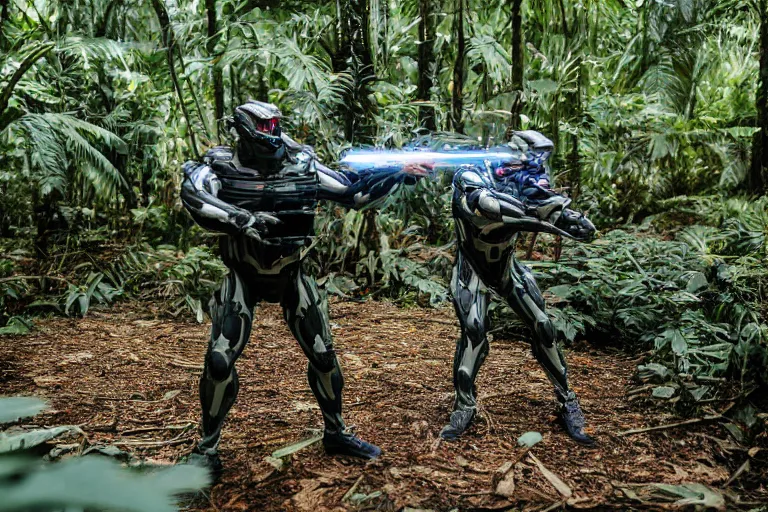 Prompt: Crysis Nanosuit shooting at enemies in a jungle combat photography 2022, Canon EOS R3, f/1.4, ISO 200, 1/160s, 8K, RAW, unedited, symmetrical balance, in-frame,