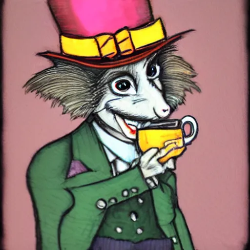 Prompt: the rad hatter drinking tea, photorealistic