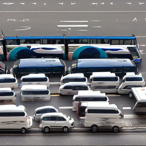 Prompt: car surrounded by busses