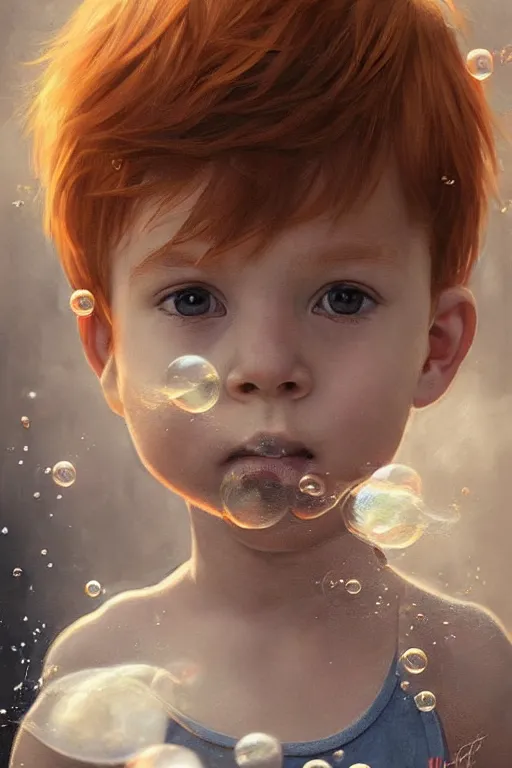 Image similar to a little boy with ginger hair chasing bubbles. clean elegant painting, beautiful detailed face, lots of bubbles. by artgerm and greg rutkowski