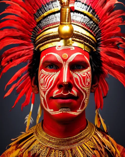 Prompt: photo of Benedict Cumberbatch as a Dramatic Theyyam male dancer with red indian headgear painted face wearing Roman soldier metallic armour with traditional theyyam costume in the style of stefan kostic, full body, feather native american headgear, realistic, sharp focus, symmetric, 8k high definition, insanely detailed, intricate, elegant, art by stanley lau and artgerm, Hajime Sorayama, William-Adolphe Bouguereau