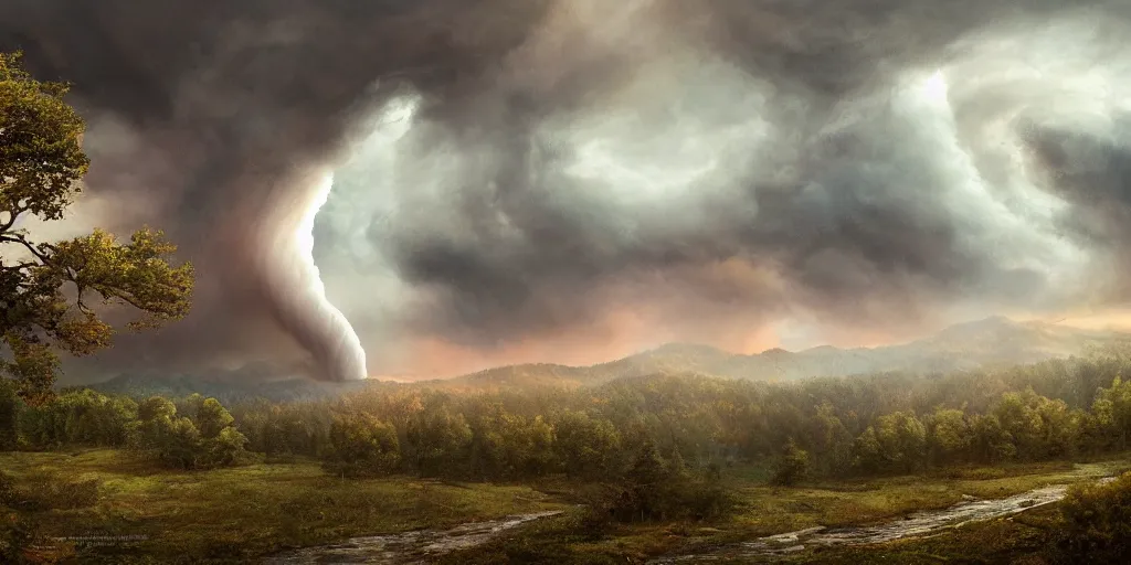 Image similar to A tornado in a beautiful scenic landscape, nature, trees, wide angle, super highly detailed, professional digital painting, artstation, concept art, smooth, sharp focus, no blur, no dof, extreme illustration, Unreal Engine 5, Photorealism, HD quality, 8k resolution, cinema 4d, 3D, beautiful, cinematic, art by artgerm and greg rutkowski and alphonse mucha and loish and WLOP