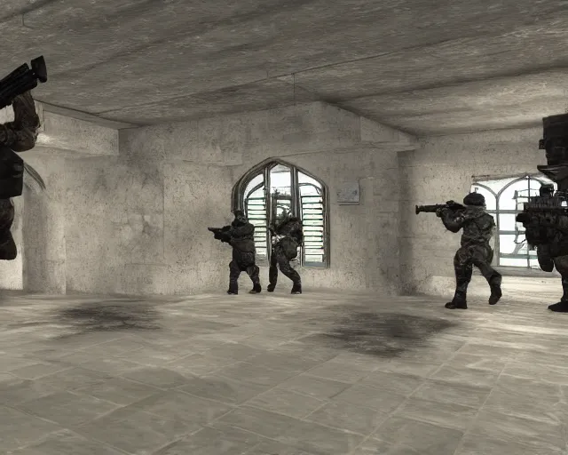 Prompt: counter strike screenshot with game HUD 'group of soldiers in an abandoned church', high exposure, dark, monochrome, camera, grainy, timestamp, zoomed in source engine footage, CS:GO screenshot, steamcommunity, featured on IGN