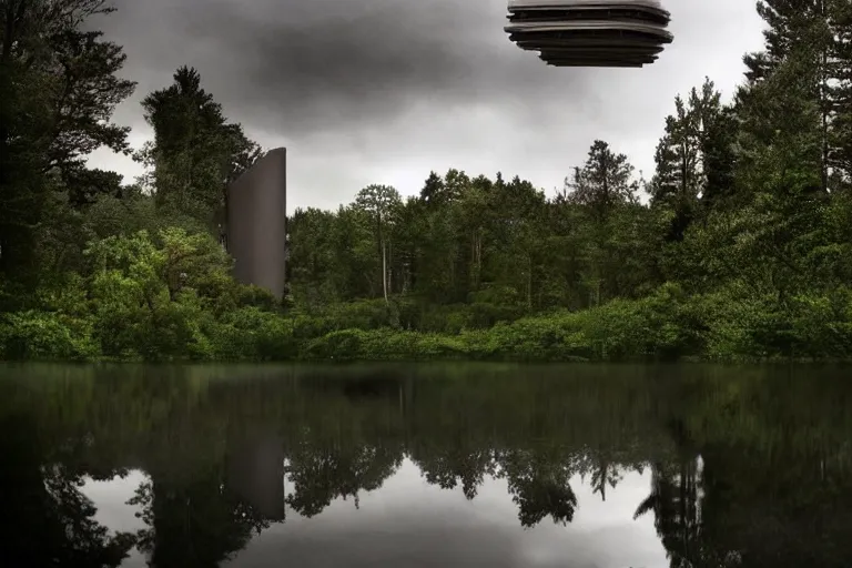 Prompt: an brutalist spaceship forming from a lake surrounded by trees, serene vast landscape, rainy day, beautiful lighting, high depth, ultra realistic, artistic, by annie leibovitz