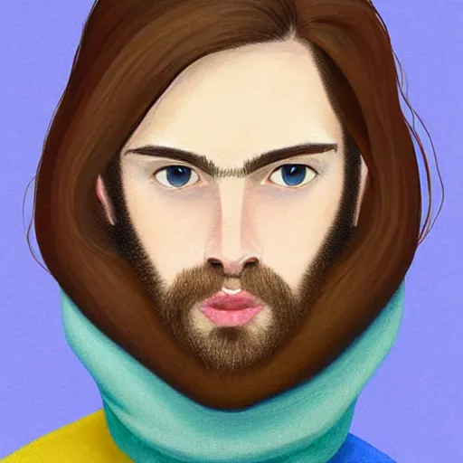 Prompt: gangly brunette man with hair long on top medium down the sides, blond beard, small chin, rectangular face, thin lips, English heritage, small blue eyes, middle aged, wearing a turtleneck and jacket, pale skin, narrow face, digital art, painterly, cartoon, cute, 8k, illustration, art by loish, painterly, trending on artstation, medium shot, uncropped