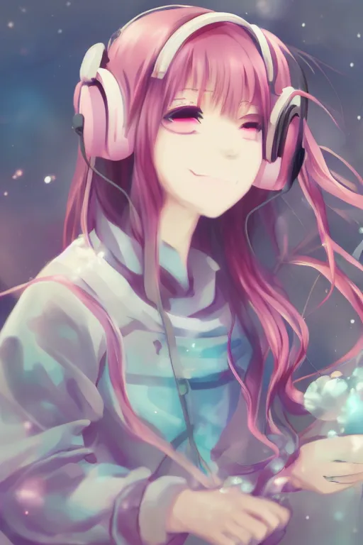 Image similar to an anime girl listening to music on headphones, candy pastel, backlighting, trending on pixiv, digital art, by kawacy