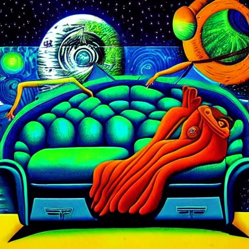 Image similar to psychedelic trippy couch in space, planets, milky way, sofa, cartoon by rob gonsalves and gustav dore