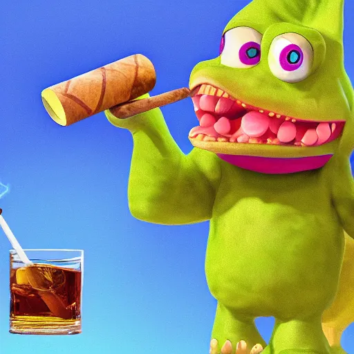 Prompt: still from barney the dinosaur from kids show drinking whisky and smoking a cigar, digital art, trending on artstation