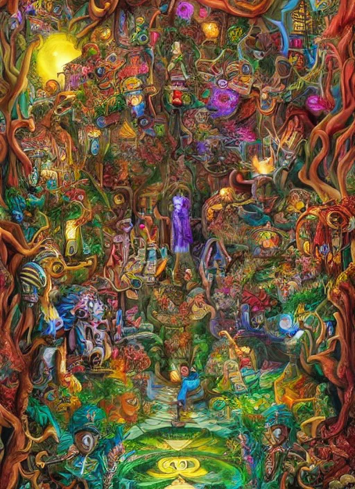 Prompt: machine elves in wonderland,dmt, portal, wonderland