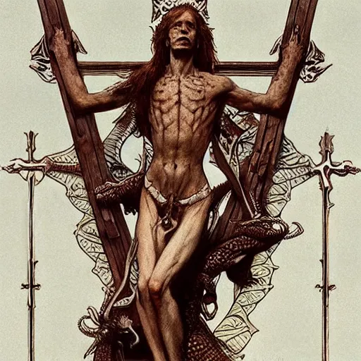 Image similar to fullbody!! crucified lizard king on the cross, scaly cold blooded reptilian, claws, intricate, elegant, religious, highly detailed, digital painting, artstation, concept art, smooth, sharp focus, illustration, art by artgerm and greg rutkowski and alphonse mucha