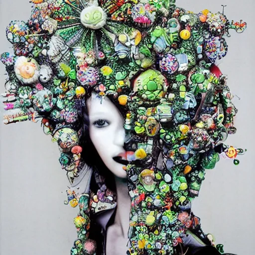 Image similar to hyperrealism, cyberpunk girl, by yoshitaka amano, style wrapped in flowers and wired in the style of yayoi kusama, by barry lyndon ultra detailed high resolution, 8 0 s sci - fi - h 7 6 8