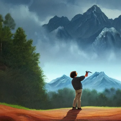 Image similar to a closeup photorealistic photograph of bob ross crafting an image of kenny powers baseball, a painting on a canvas. mountains and trees. film still. brightly lit scene. this 4 k hd image is trending on artstation, featured on behance, well - rendered, extra crisp, features intricate detail, epic composition and the style of unreal engine.