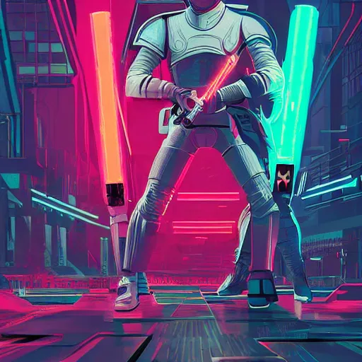 Prompt: jaime lannister and brienne of tarth fighting a thousand neon zombies with lightsabers, cyberpunk art by james gilleard, cgsociety, retrofuturism, synthwave, retrowave, outrun